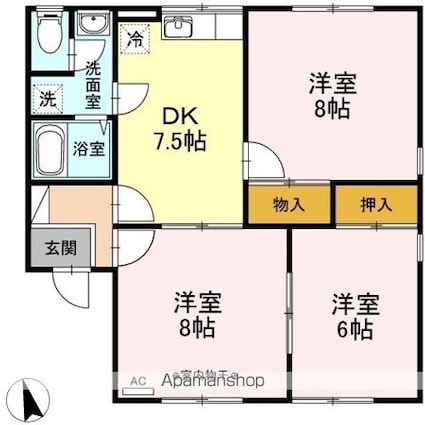 プラムタウン・かつた　Ｂ[3DK/62.92m2]の間取図