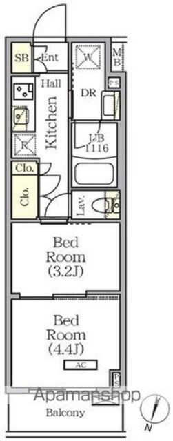 ＡＲＫＭＡＲＫ世田谷砧[2K/25.47m2]の間取図