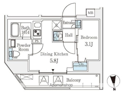 クラリティア文京湯島[1DK/25.06m2]の間取図