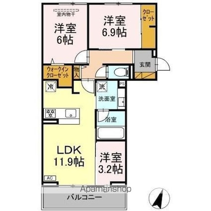 リシェスみのり台　Ａ・Ｂ・Ｃ　Ｂ棟[3LDK/63.43m2]の間取図