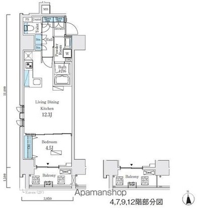 プライマル上野・稲荷町[1LDK/42.86m2]の間取図