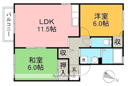 セジュールＯＫ　Ａ棟[2LDK/54m2]の間取図