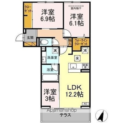 リシェスみのり台　Ａ・Ｂ・Ｃ　Ｂ棟[3LDK/63.76m2]の間取図