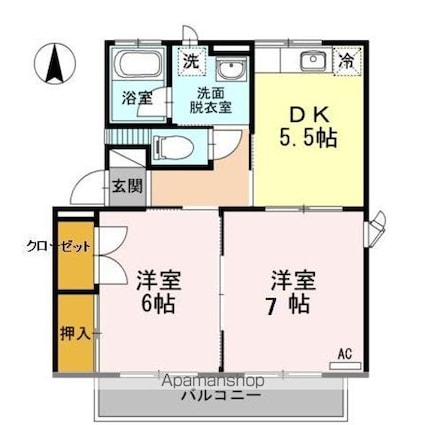 クレストヤマ[2K/45.54m2]の間取図