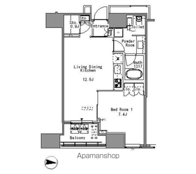 Ｗｈｉｔｅ　Ｔｏｗｅｒ　Ｈａｍａｍａｔｓｕｃｈｏ[1LDK/47.39m2]の間取図