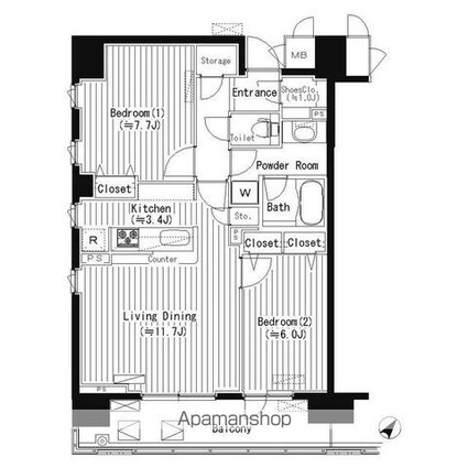 東京都新宿区北新宿４丁目[2LDK/66.39m2]の間取図