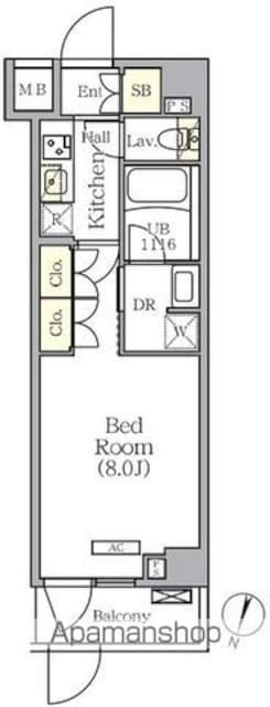 ＡＲＫＭＡＲＫ世田谷砧[1K/25.47m2]の間取図
