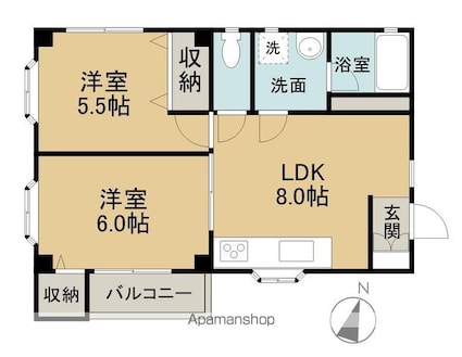 カーメラ冨田[2DK/46.9m2]の間取図