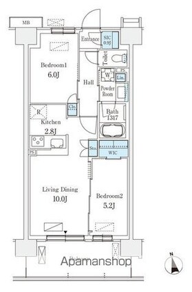 スカイグランデ津田沼[2LDK/54.6m2]の間取図