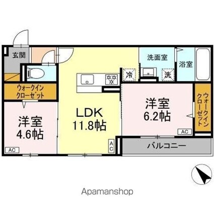ＤーＲＯＯＭ都賀２丁目ＩＩーＢ棟[2LDK/53.52m2]の間取図