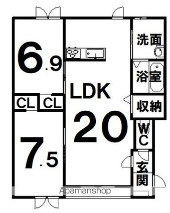 プリマ上士幌Ｃ棟[2LDK/75.4m2]の間取図