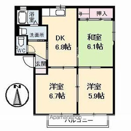 グリーンハウス平野　Ｃ棟[3DK/54.07m2]の間取図