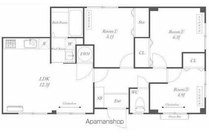 笹堀Ｂ[3LDK/64.11m2]の間取図