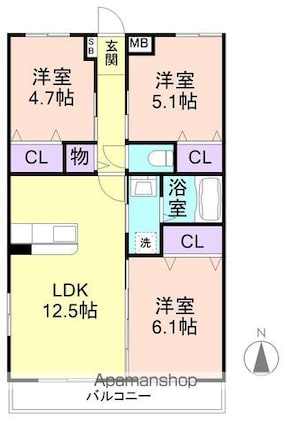 ハピネス紀和[3LDK/61.75m2]の間取図