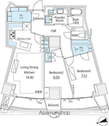 パークコート神宮北参道　ザ　タワー[2LDK/70.76m2]の間取図