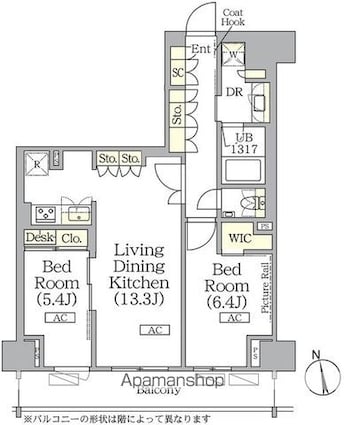 ザ・パークハビオ神楽坂レジデンスＳｏｕｔｈ[2LDK/61.42m2]の間取図