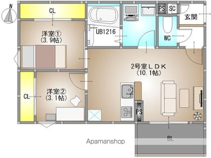 岡山県岡山市北区庭瀬[2LDK/41.6m2]の間取図