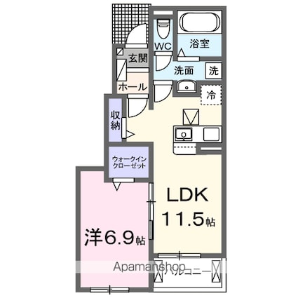 Ｈｅａｒｔ未来　寒川２　Ａ[1LDK/44.2m2]の間取図