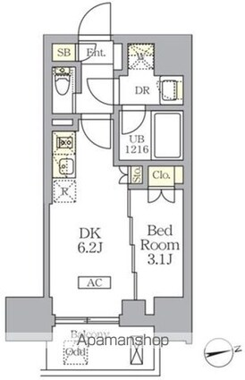 ザ・ライオンズフォーシア文京湯島[1DK/25.56m2]の間取図
