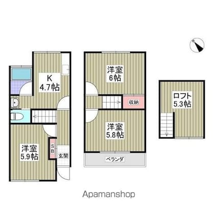 ニューファミリー北柏Ｂ棟[3K/48.08m2]の間取図