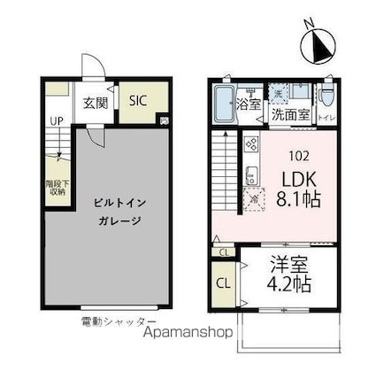 アウラガレージ（ガレージハウス）[1LDK/62.15m2]の間取図