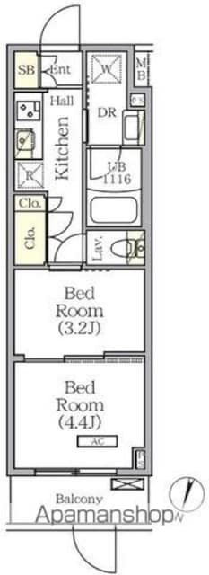 ＡＲＫＭＡＲＫ世田谷砧[2K/25.47m2]の間取図