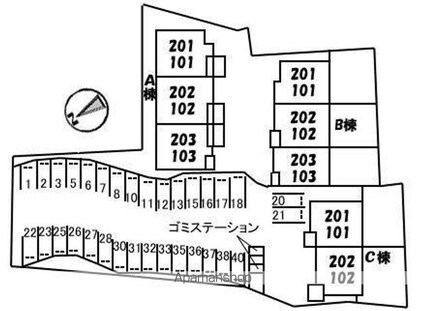 グランマスト太田　Ａ・Ｂ・Ｃ棟[2LDK/58.22m2]の配置図