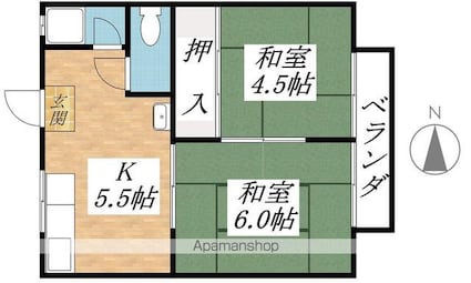 ハイツ赤尾[2K/38.8m2]の間取図