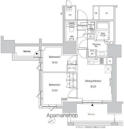 ザ・パークハビオ目白タワー[2DK/44.64m2]の間取図