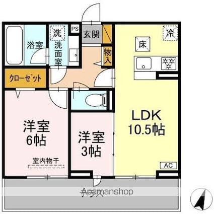 リシェスみのり台　Ａ・Ｂ・Ｃ　Ａ棟[2LDK/46.67m2]の間取図