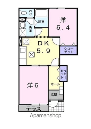 サニーヴィラ壱番館[2DK/42.77m2]の間取図