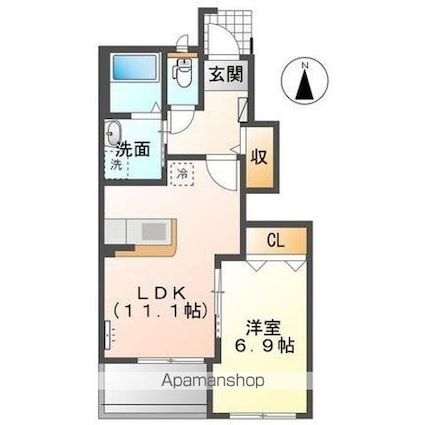 ソレイユ元山町Ⅰ・Ⅱ　[1LDK/45.09m2]の間取図