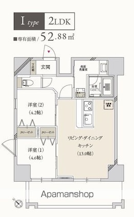 プライマル月島[2LDK/52.88m2]の間取図