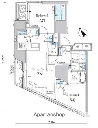 Ｐｒｉｍｅ　Ａｒｔ白金台[2LDK/59.76m2]の間取図