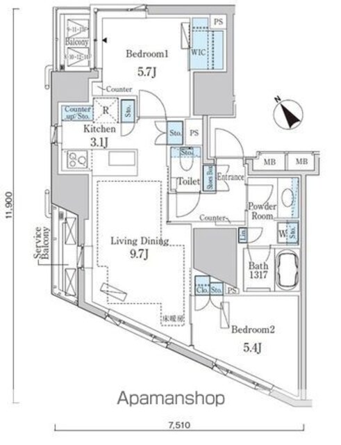 Ｐｒｉｍｅ　Ａｒｔ白金台[2LDK/59.76m2]の間取図