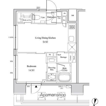 ザ・パークハビオ代々木[1LDK/33.76m2]の間取図