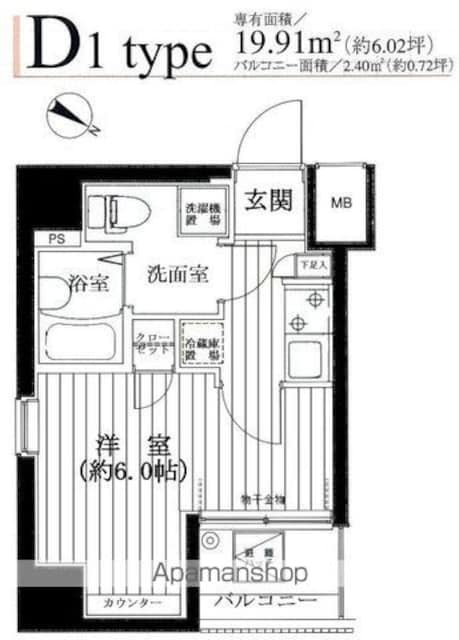 東京都北区滝野川７丁目[1K/19.91m2]の間取図