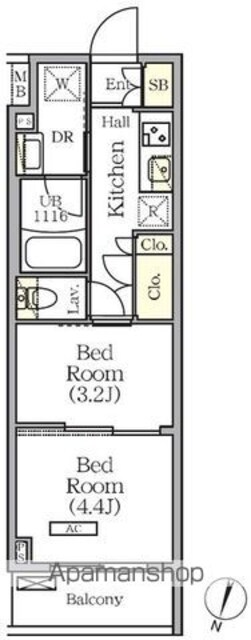 ＡＲＫＭＡＲＫ世田谷砧[2K/25.47m2]の間取図
