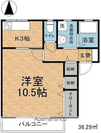 ハイカムール[1K/36.29m2]の間取図