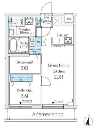 東京都中野区本町５丁目[2LDK/40.62m2]の間取図