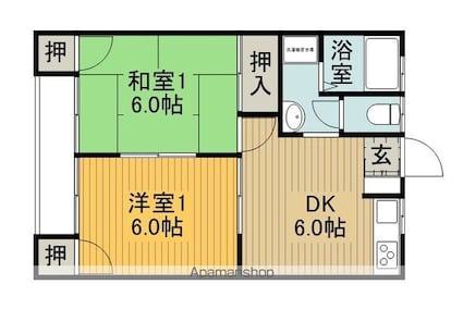 中洲セブンスターハイツ[2DK/41.25m2]の間取図
