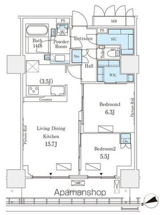 ロイヤルパークス品川[2LDK/66.55m2]の間取図