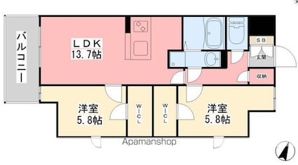 ルミナス勝山東[2LDK/63.43m2]の間取図