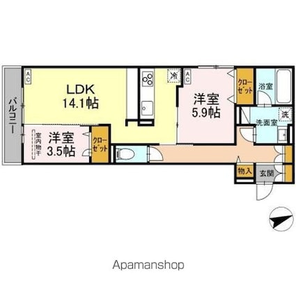 Ｄーｒｅｓｉｄｅｎｃｅ東手城[2LDK/61.05m2]の間取図