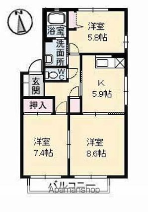 トータス井上　Ａ棟[3DK/63.07m2]の間取図