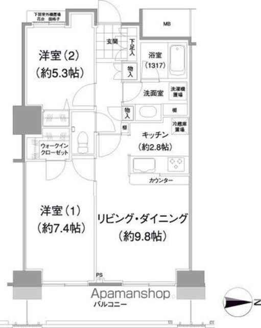 イストワール[2LDK/57.58m2]の間取図