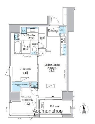 東京都新宿区百人町３丁目[2LDK/60.08m2]の間取図