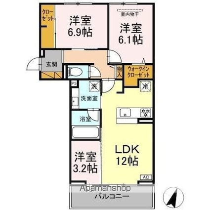 リシェスみのり台　Ａ・Ｂ・Ｃ　Ｂ棟[3LDK/63.76m2]の間取図