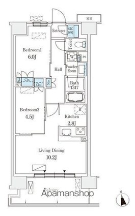 スカイグランデ津田沼[2LDK/54.6m2]の間取図