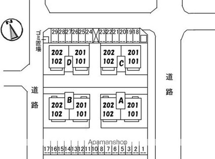 バリュージュヤシマＡ・Ｂ・Ｃ・Ｄ棟[3K/54.07m2]の配置図